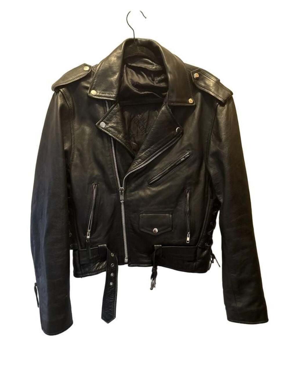 Hudson Leather Black Biker Motorcycle Jacket with Winged Engine & Skull Patches